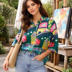 Vintage Lauren Ralph Lauren Abstract Geometric Multicolor Button Up Top Large